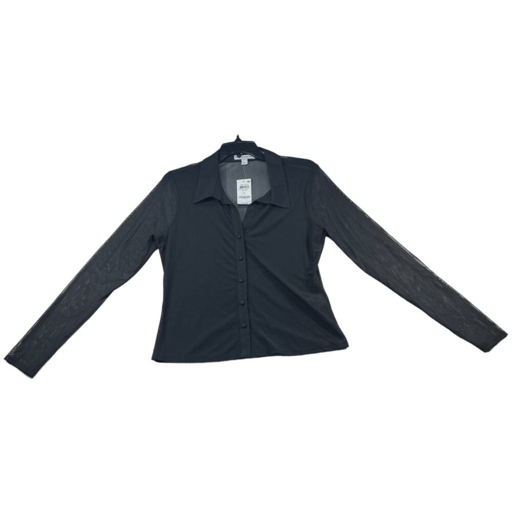 And Now This Mesh Blouse Womens size Large Black Button Down New Long Sleeve
